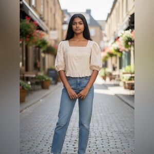 Area Stars Cream Puff Sleeve Top Medium NWT | Stretch Cotton Smocked Back